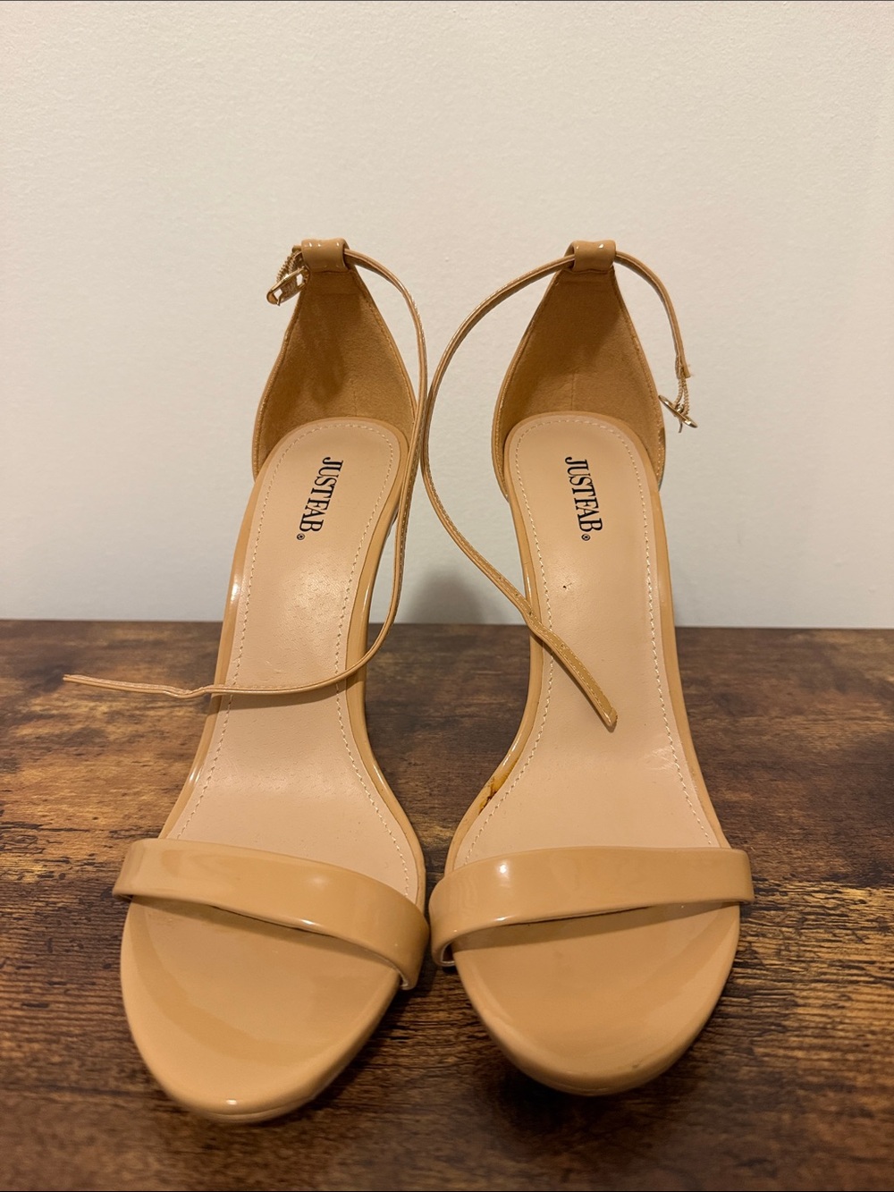 JustFab Tan Ankle-Strap Patent High Heels